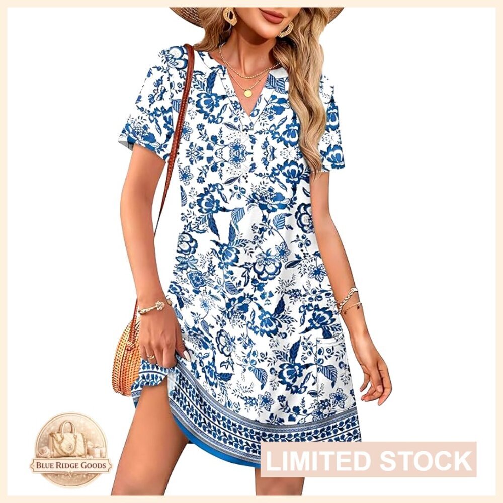 V-Neck A-Line Dress Casual Summer Boho Floral Print Short Sleeve Pull On